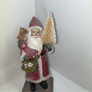 Vintage 10" Frosted Retro Santa Bringing Christmas Tree & Gifts Stocking Holder